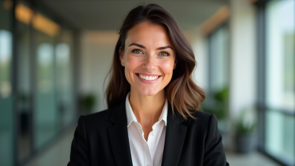 Finanzberaterin mit braunen Haaren, schwarzem Blazer, Portrait von Brustkorb aufwärts, modernes Büro im Hintergrund, natürliche Beleuchtung