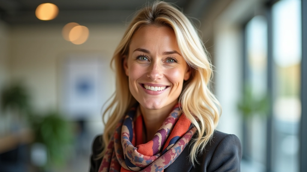 Finanzjournalistin mit blonden Haaren, farbigem Schal, Portrait von Brustkorb aufwärts, freundlicher Blick, helles Büro