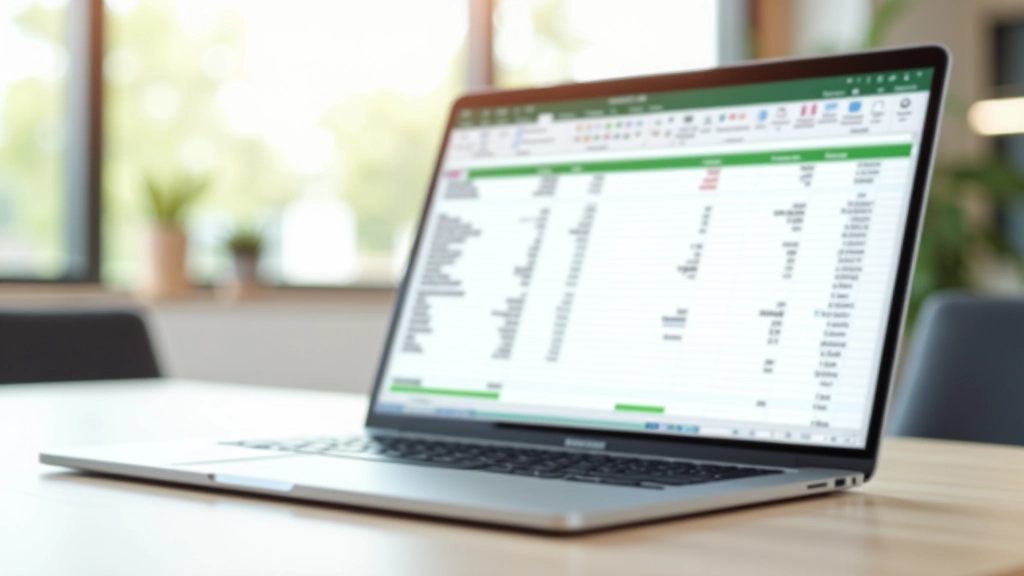 Laptop-Bildschirm mit Excel-Haushaltsbuch-Vorlage, farbige Diagramme und Tabellen, moderner Arbeitsplatz