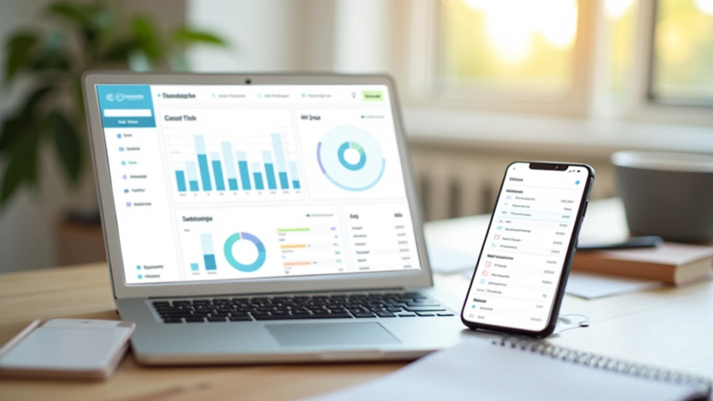 Moderne Budgetplanungs-App auf Laptop und Smartphone, Finanzdiagramme und Kategorien sichtbar, helles Büro-Setup, scharfer Fokus