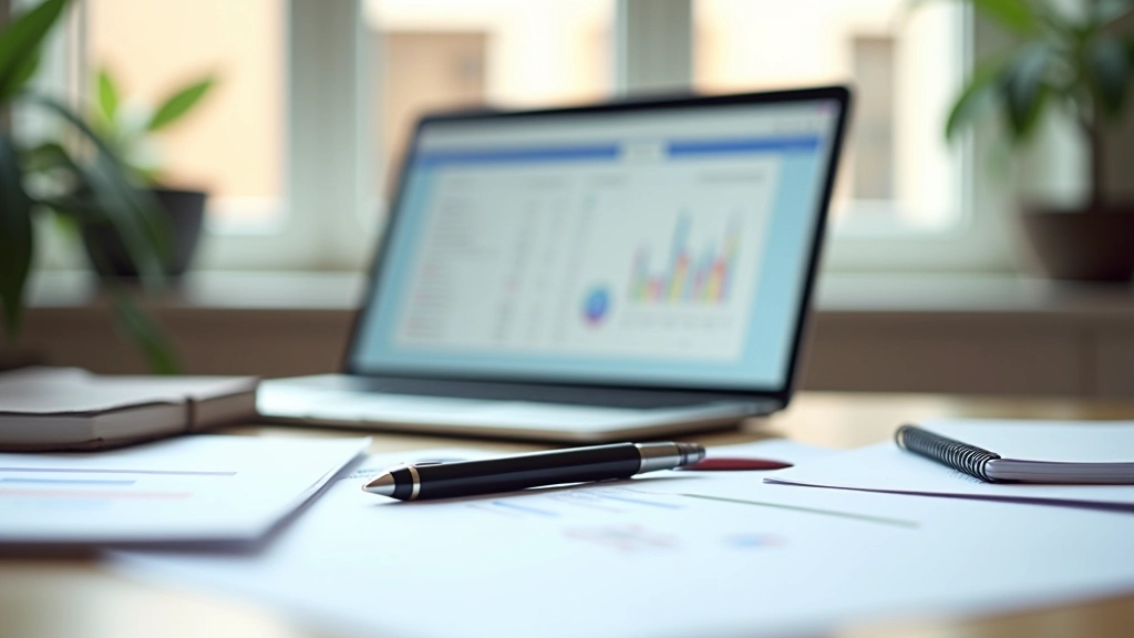 Moderne Finanzplanungs-Workspace mit Laptop und Dokumenten auf Schreibtisch