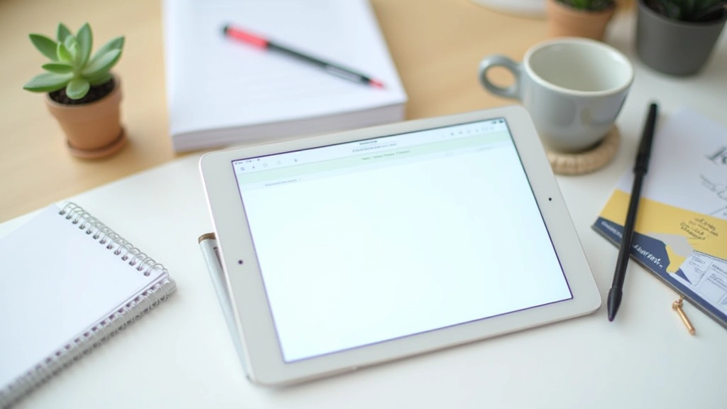 Mehrere Geräte nebeneinander, Tablet mit Budget-App, Notizblock und Kugelschreiber, Finanzplanung-Setup