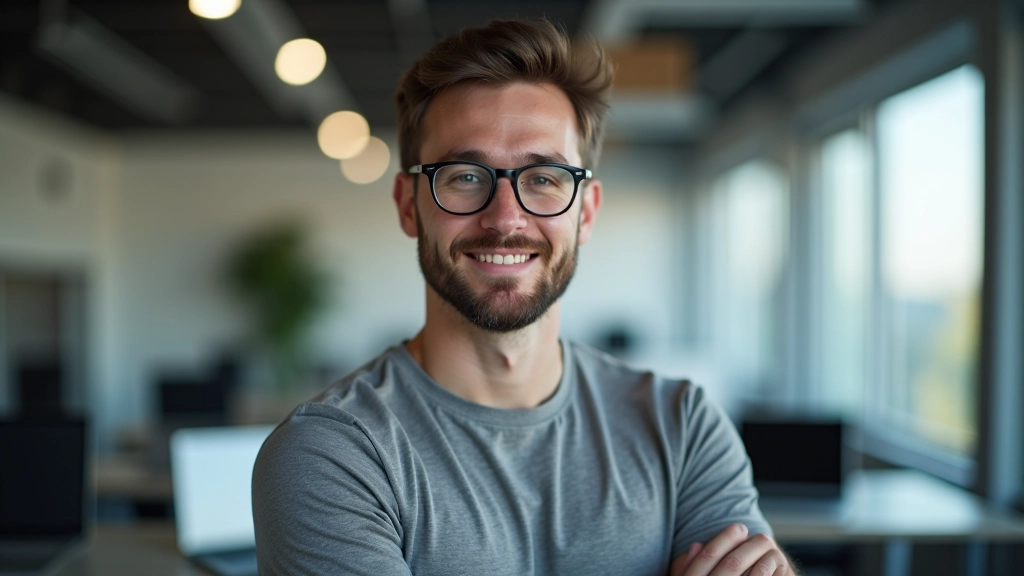 Tech-Spezialist mit Brille, grauem T-Shirt, Portrait von Brustkorb aufwärts, heller Technologie-Arbeitsplatz, Studio-Beleuchtung