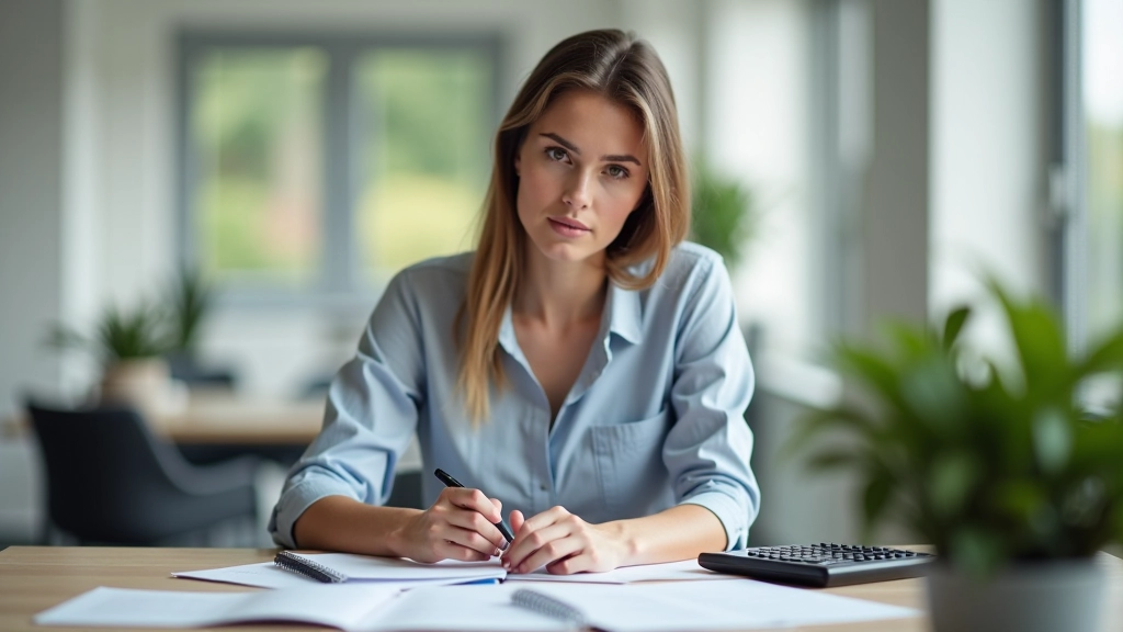 Frau bei der Finanzplanung mit Dokumenten und Notizen an ihrem Schreibtisch
